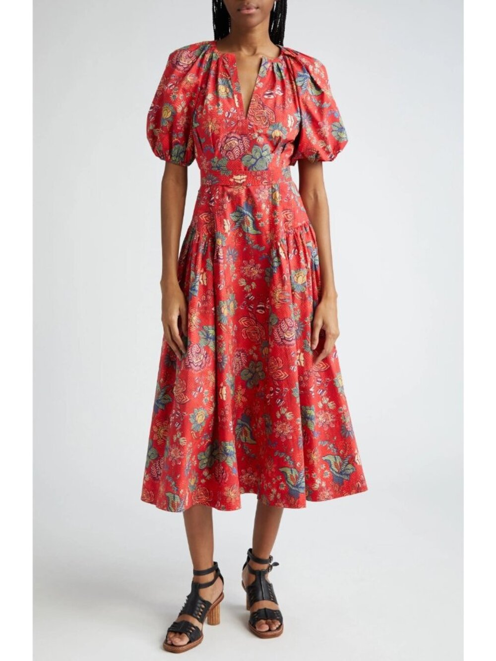 Ulla Johnson Carina Women's Puff Sleeve Cotton Midi Dress Hibiscus Floral Size 2 - Picture 2 of 5